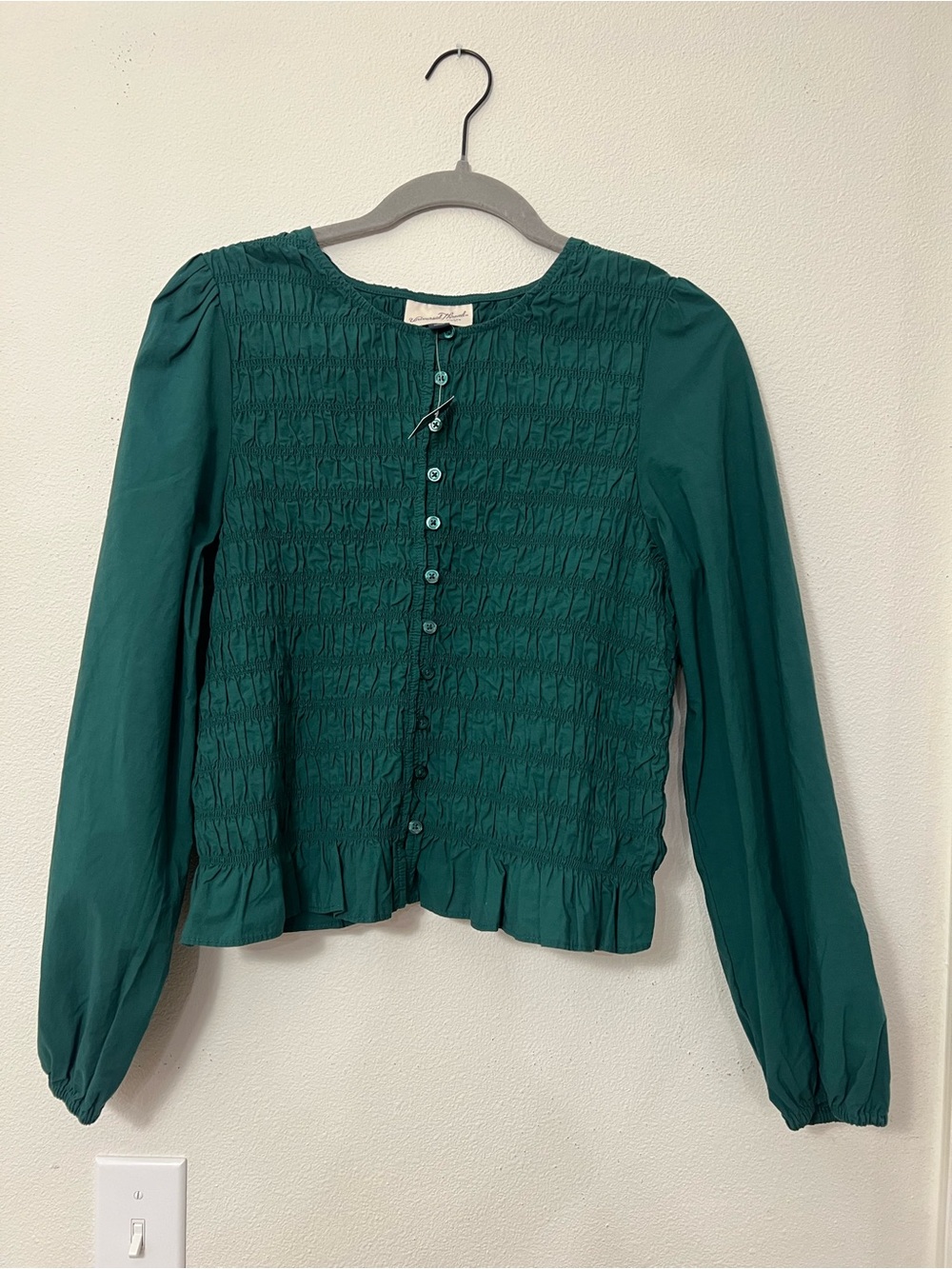 Universal Thread Teal Smocked Ruffle-Hem Button Front Blouse